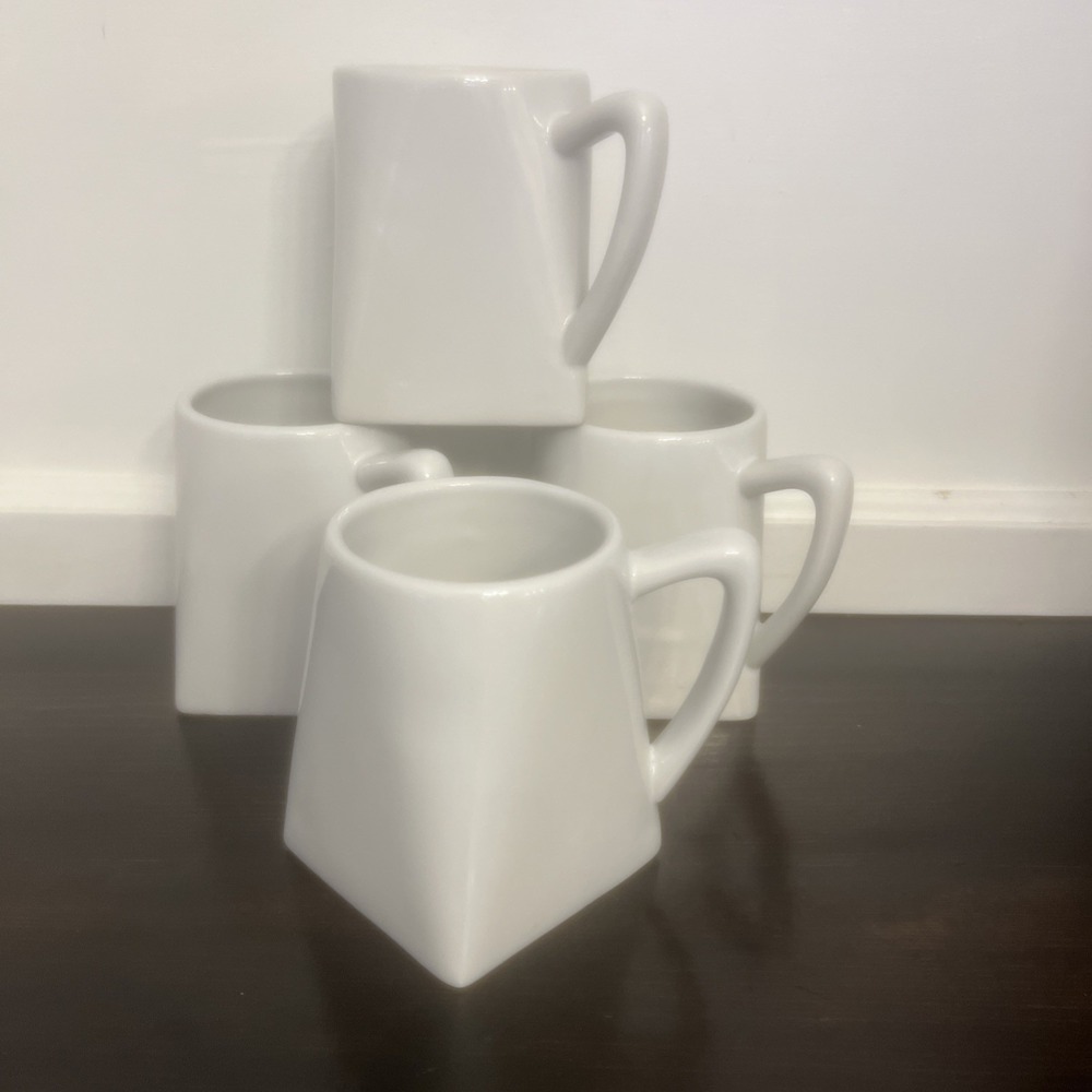 4 White Square Shaped Mugs/Odd Shaped EUC